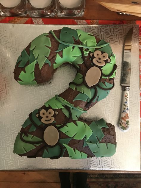 Number 3 Animal Cake, 2 Shape Birthday Cake, Monkey Cakes For Boys, 2 Shaped Birthday Cake, Monkey Cake Ideas, Jungle Cake Ideas, Monkey Theme Cake, Number 7 Cake, Jungle Birthday Cake