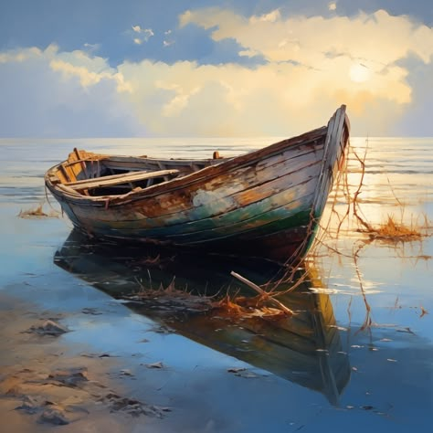 Draw an old boat floating in the water in an oil painting style. Boats Oil Painting, Boat In Water Painting, Old Oil Paintings Aesthetic, Ship On The Sea, Boat Oil Painting, Boat Sketch, Pirate Illustration, Boat Drawing, Sailing Art