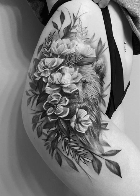 Half Bear Half Flower Tattoo, Bear In Flowers Tattoo, Bear Tattoo Feminine, Bear Sleeve Tattoo For Women, Bear Tattoos With Flowers, Women Bear Tattoo, Bear Hip Tattoo, Forest Animal Tattoos For Women, Feminine Bear Tattoo For Women