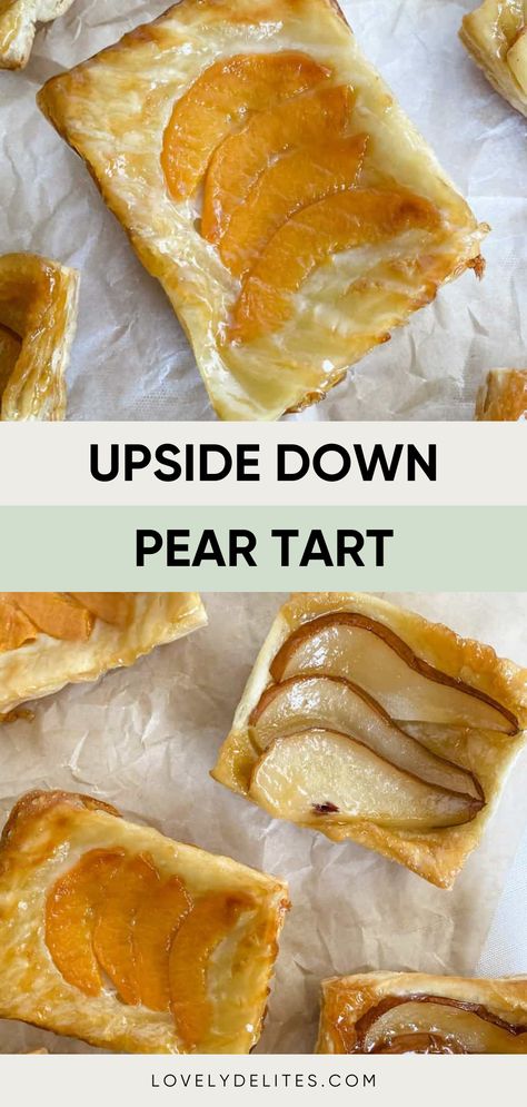 Upside Down Pear Tart comes together with only three simple ingredients. If you're looking for a quick and easy dessert that will wow your guests, then you must try this pear tart recipe! You only need a few simple ingredients like puff pastry sheets, pears and honey. Pear Tart With Puff Pastry, Pear And Maple Upside Down Puff Pastry Tart, Simple Pear Tart, Pear And Puff Pastry Recipe, Pear Appetizer Recipes, Pear Tart Recipe Easy, Pear Tarts, Pear Tart Recipe, Honey Puffs