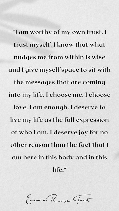 I am worthy of my own trust. I trust myself. Remember this. #affirmations #mindfulnessquotes #mentalhealthquotes #selflove Trust Me Quotes, I Trust Myself, Peace Of Mind Quotes, Trust Myself, Mindfulness Journal Prompts, Aura Quotes, Trust Quotes, Energy Quotes, Emma Rose