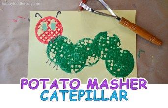 Potato Masher Caterpillar Craft - HAPPY TODDLER PLAYTIME Wall Activities, Ice Cream Craft, The Very Hungry Caterpillar Activities, Turtle Craft, Spring Toddler Crafts, Hungry Caterpillar Craft, Hungry Caterpillar Activities, Ice Cream Crafts, Sticky Wall