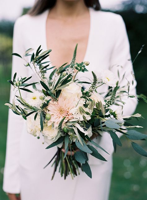 A wild bouquet of dahlia, veronica, and eucalyptus. Cream Bridal Bouquet, Dahlia Wedding Bouquets, Herb Wedding, Dahlias Wedding, Wedding Ceremony Ideas, British Wedding, Flowers And Greenery, Wedding Winter, Bride Bouquets