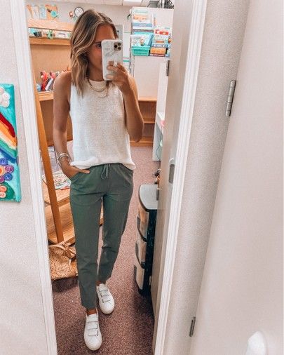 Classroom ootd! Knit tank and the COMFIEST pants! Wearing a xs top and size 2 pants http://liketk.it/2Voba @liketoknow.it #liketkit Chic Teacher Outfits Casual, Causal Teacher Outfits Summer, Teacher Jeans Day Outfit Summer, Scrub Pants And Tshirt Outfit, Teacher Outfits With Pants, Comfortable Work Pants, Minimalist Teacher Outfits, Primary Teacher Outfits, Casual Teacher Outfits Summer