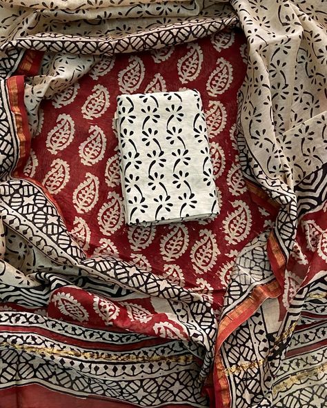 Bagru Hand Block Printed Pure Chanderi Suit Sets With Cotton Bottom . Size/Details: 2.5meter top 2.5meter bottom 2.5meter dupatta Dm or WhatsApp us for more info +91-9887-777-013 #chanderisuitsets #pfbagru #blockprintedtextile Chanderi Suit, Chanderi Suits, Bagru Print, Cotton Bottoms, Block Print, Print Design, Textiles, Pure Products, Quick Saves