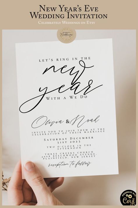 photo with an invitation inviting guests to a new years eve wedding New Years Wedding Invitations, New Years Eve Wedding Invitations, Nye Wedding Invitations, Nye Wedding Dress, Marsh Wedding, Invitation Minimalist, New Year's Eve Wedding, New Years Wedding, Elopement Announcement