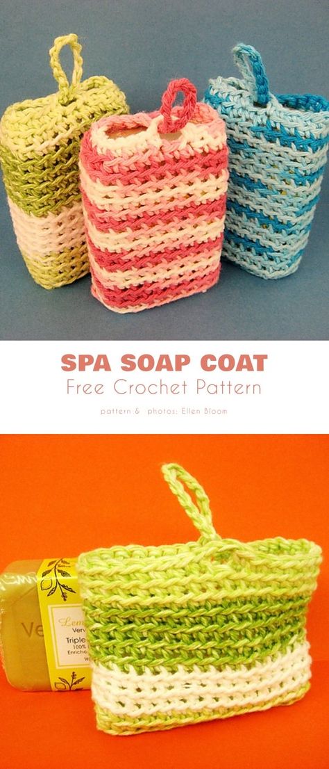 Crochet Soap Holders For Showers, Crochet Pattern Soap Saver, Crochet Soap Pouch Free Pattern, Soap Savers Crochet, Crochet Soap Cozy Free Pattern, Crocheted Soap Holder Pattern, Crocheted Spa Sets, Crocheted Soap Saver Free Pattern, Soap Scrubbies Crochet