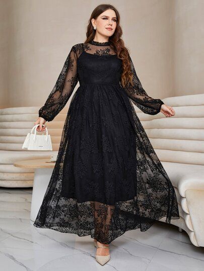 Plus Lantern Sleeve Mock Neck Lace Dress | SHEIN Black Dress Lace Sleeves, Islamic Clothing Abayas, Lace Dres, Dress Outfits Party, Iranian Women Fashion, Formal Dresses With Sleeves, Plus Size Cocktail Dresses, Lace Prom Dress, Vestido Plus Size