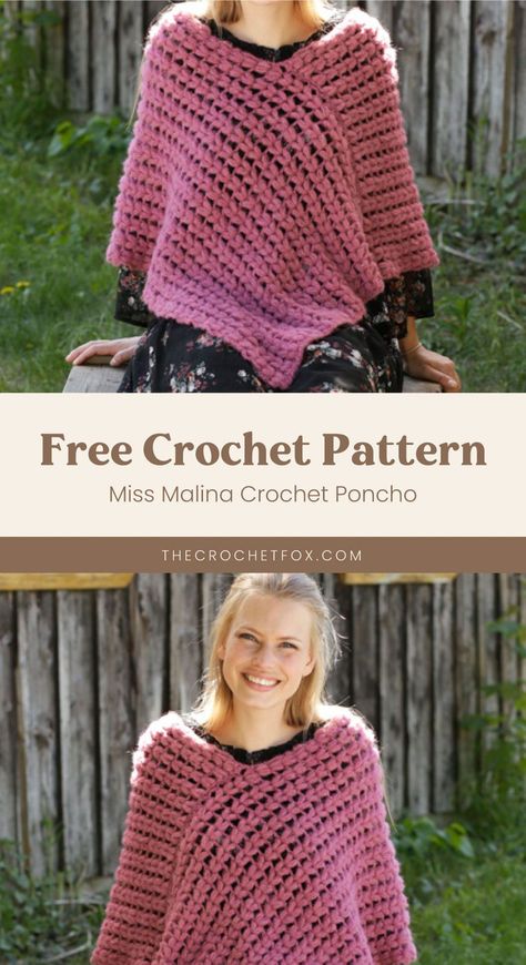 Add instant warmth and style to your daily outfits by making this fun and stylish light-weight poncho. This easy crochet pattern features chunky puff stitches and has sizes from S - XXXL. | More free crochet patterns at thecrochetfox.com Crochet Poncho Free Pattern Woman, Chunky Yarn Crochet, Crochet Poncho Free Pattern, Poncho Crochet, Crochet Patterns Free Beginner, Mode Crochet, Crochet Poncho Patterns, All Free Crochet, Poncho Pattern