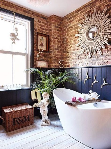 26 an eclectic space with exposed brick and navy wainscoting for a unique and super bold look - DigsDigs Exposed Brick Bathroom, Brick Wall Bathroom, Brick Wall Ideas, Brick Bathroom, Brick Wall Decor, Future Bathroom, Dining Room Wainscoting, Wainscoting Styles, Brick Interior Wall