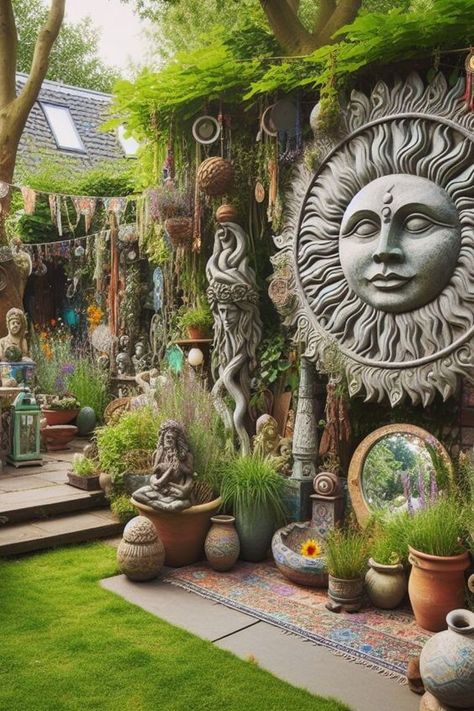 Welcome to a groovy collection of hippie garden ideas! From peaceful pathways to whimsical wind sculptures, discover how to infuse your outdoor space with bohemian charm and vibrant creativity. Boho decor, backyards, outdoor spaces, small, DIY, patio, farmhouse, landscaping, boho theme. Sanctuary Garden Ideas, Whimsical Outdoor Decor, Unique Garden Art Creative Ideas, Boho Garden Ideas Diy, Wild Garden Ideas, Hippie Backyard, Whimsical Garden Ideas, Bohemian Patio Decor, Hippie Garden Ideas