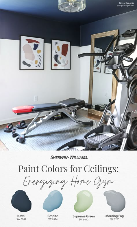 Crank up the creativity in your home gym by painting the ceiling in a blue, green, or gray paint color from Sherwin-Williams. To draw the eye upward, paint a horizon line several feet down from the ceiling then paint the remaining walls in Pure White SW 7005. Love these hues? Tap this pin to order free color chips delivered in the mail! Thanks for sharing your #SWColorLove, @inspiredbycharm. #sherwinwilliams #homegym #paint #ceiling #ceilingpaint #colorinspiration #diy #interiordesign #decor Best Gym Paint Colors, Home Gym Wall Decor Paint Colors, Gym Colors Ideas Wall, Gym Room Paint Wall Colors, Workout Room Paint Colors Home Gyms, Garage Gym Paint Ideas, Home Gym Color Scheme, Gym Paint Ideas, Gym Wall Colors