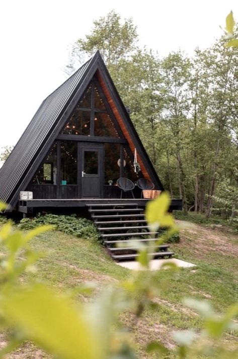 The Black A-frame at Two Black Cabins Edge Of The Forest, Frame Cabin, A Frame House, Cabin In The Woods, Riga, A Frame, The Edge, The Forest, Bend