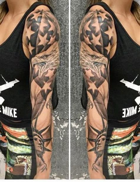 Half Arm Sleeve, American Flag Sleeve Tattoo, Half Arm Sleeve Tattoo, Arm Sleeve Tattoo, Animal Sleeve Tattoo, Patriotic Tattoos, Military Woman, Animal Sleeve, Usa Tattoo