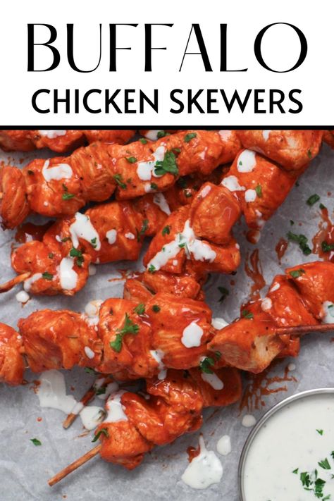 These air fryer buffalo chicken skewers are perfect for those that like a hint of buffalo sauce without all that heat! Tender chunks of chicken breasts marinated in a velvety brown sugar buffalo sauce, air-fried on a skewer and then drizzled with a buttermilk homemade ranch dressing. It’s flavor on flavor on flavor! Buffalo Chicken Skewers, Chicken Skewers Air Fryer, Buttermilk Homemade, Skewers Air Fryer, Air Fryer Buffalo Chicken, Buffalo Chicken Sauce, Ranch Dressing Recipe, Homemade Ranch Dressing, Homemade Ranch