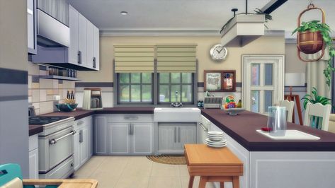 Suburban House Kitchen, Kitchen Living Room Design, Living Room And Kitchen Design, Suburban House, House No, Cc The Sims 4, Family House, House Kitchen, Living Room Design