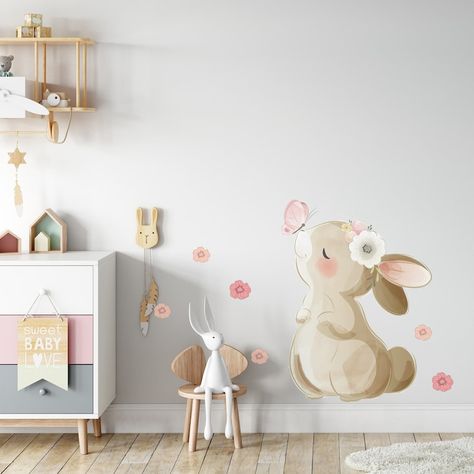 Bunny With Flowers, Elephant Decal, Flowers Nursery, Bunny Nursery, Nursery Decals, Floral Decal, Flower Nursery, Adorable Bunny, Elephant Nursery