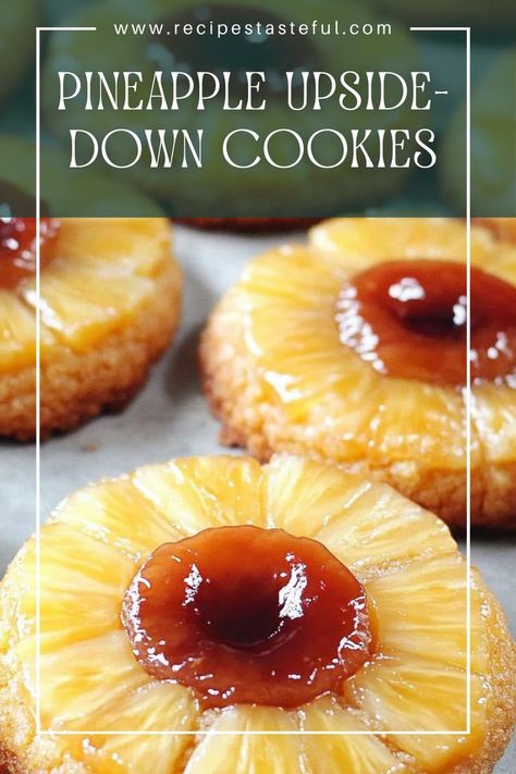 Sweet Surprise Inside Every Bite! These Pineapple Upside-Down Cookies feature a moist, buttery cookie topped with caramelized pineapple and a cherry, creating a delightful twist on the classic dessert. Pineapple Upside Down Cookies, Caramelized Pineapple, Buttery Cookies, Pineapple Upside, Pineapple Upside Down, Classic Desserts, Maraschino Cherry, Cookie Cake, How To Make Cookies