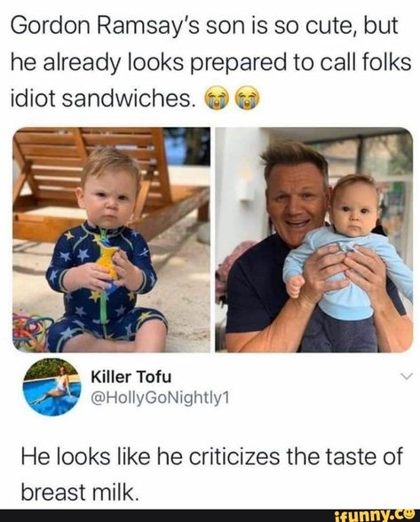 Gordon Ramsay's son is so cute, but he already looks prepared to call folks idiot sandwiches. @ He looks like he criticizes the taste of breast milk. - iFunny :) Gordon Ramsay Funny, Quotes Distance, Funny Comments, Gordon Ramsay, Memes Humor, What’s Going On, Really Funny Memes, Funny Tweets, Super Funny