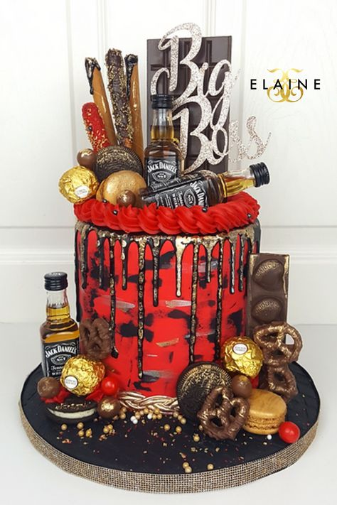 a fondant red, black, and gold masculine cake for valentine's day or a6ny special occasion. Covered in ganache gold painted drip and garnished with a red buttercream piped border on top. Cake is filled with chocolate covered pretzels, gold macarons, gold painted oreos, gold luster, a huge chocolate bar on top with a shimmery gold cake topper that says Big Boss and three mini Jack Daniel bottles #jackdaniels #cakesforhim #giftideasforhim #valentinesgiftforhim #mengiftideas #mencakes #vdaygifts Gold Macarons, Black Fondant, Big Chocolate, Valentines Day Cakes, Masculine Style, Gift Cake, Drip Painting, Drip Cakes, Fondant Cake