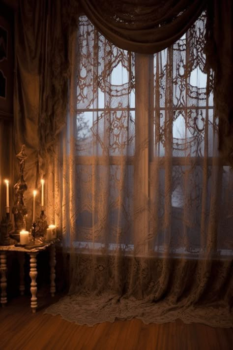 Dark Art Deco Interior, Living Room Ideas Victorian, Southern Gothic Home, Victorian Home Aesthetic, Whimsigothic Home, Vintage Lace Curtains, Victorian Room, Curtains Room, Decor Ideas Bedroom