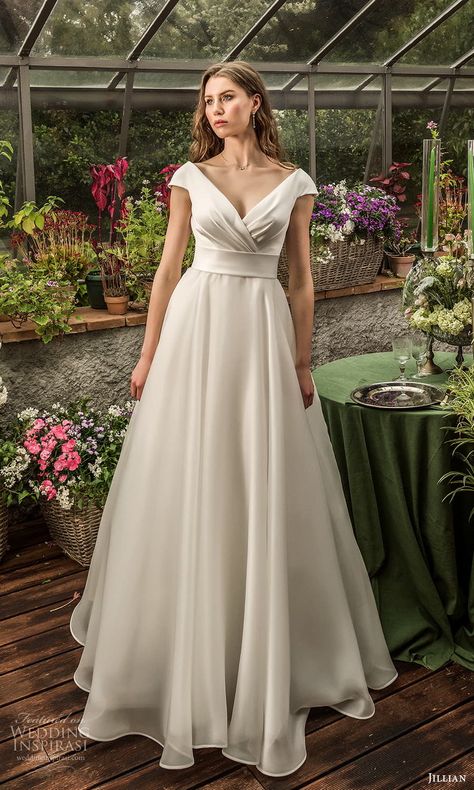 Weddinginspirasi.com featuring - jillian 2022 bridal cap sleeve surplice v neckline clean minimalist a line wedding dress chapel train (20) mv -- Jillian 2022 Wedding Dresses #wedding #weddings #bridal #weddingdress #weddingdresses #bride #fashion #collection:SecretGarden #label:Jillian #week:372021 #year:2022 ~ 2022 Wedding Dresses, Bridal Cap, Wedding Inspirasi, Secret Dress, Minimalist Wedding Dresses, 2022 Wedding, Bridal Dress Design, A Line Wedding Dress, Chapel Train