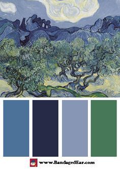 Vincent van Gogh Color Palette: The Olive Trees, as it appears now. myb Van Gogh Color Palette, Vase With Twelve Sunflowers, Palettes Color, Color Coordination, Mixing Colors, Paint Inspiration, Cafe Terrace, Arte Van Gogh, Tree Artwork