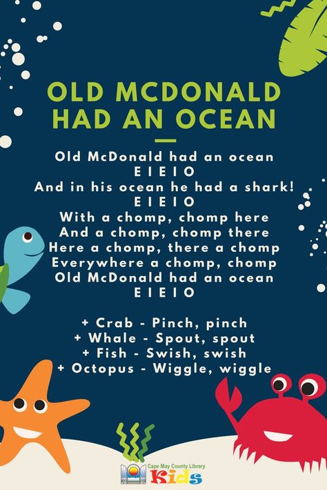 A fun action song for the summer season, or an under-the-sea/ocean unit! #CMCLKids #Storytime #EarlyLiteracy #Library #Programming #Rhymes #ActionRhyme #LibraryProgram #KidsEvents #KidsSongs #ChildrensMusic #LibraryLife Preschool Meditation, Old Mcdonald, Ocean Theme Preschool, Circle Time Songs, Kindergarten Songs, Classroom Songs, Nursery Songs, Songs For Toddlers, Theme Preschool