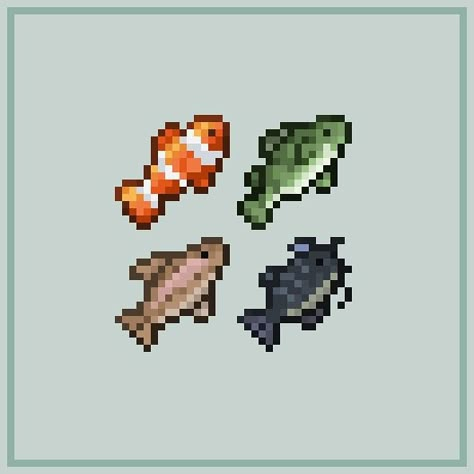 These are some commonly caught fish. Can you name any of them? - - - #pixelart #aseprite Koi Fish Pixel Art, Fish Minecraft, Turtle Pixel Art, Pixel Fish, Fish Pixel Art, Pixel Art Animals, Fish Icon, Easy Perler Beads Ideas, Cool Pixel Art