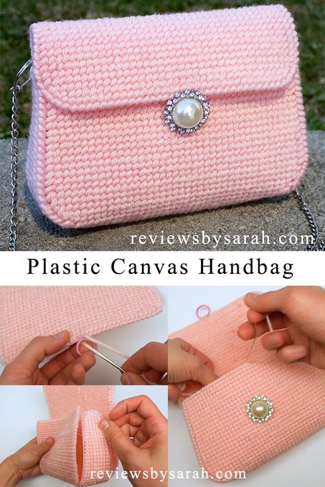 DIY Tutorial How to Make Plastic Canvas Bag Purse Handbag with YouTube Tutorial Video by Sarah Wolfe from Reviews by Sarah Plastic Canvas Bag, Pola Jaring, Plastic Purse, Canvas Bag Diy, Handbag Ideas, Handbag Sewing Patterns, Sac Diy, Canvas Diy, Plastic Canvas Stitches