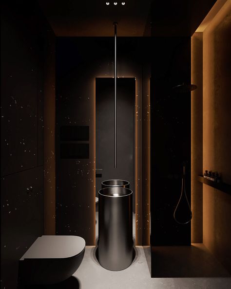 Dark Restroom Ideas, Loft Playhouse, Toilet Design Modern, Oak Restaurant, Japan Restaurant, Journal Black, Black Interior Design, Black Toilet, Loft Interiors