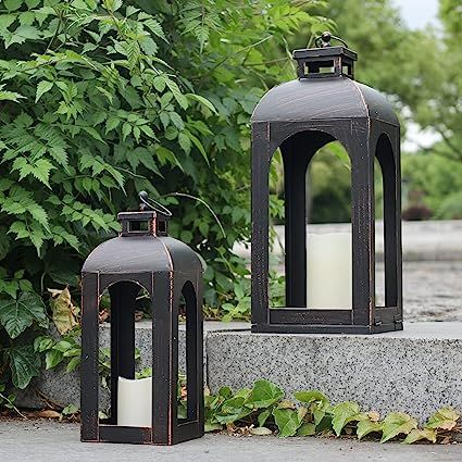 Lanterns On Front Porch, Lantern Decor Outdoor, Outdoor Lanterns Patio, Farmhouse Lantern Decor, Floor Lanterns, Front Porch Patio, Metal Candle Lanterns, Farmhouse Lantern, Home Lanterns