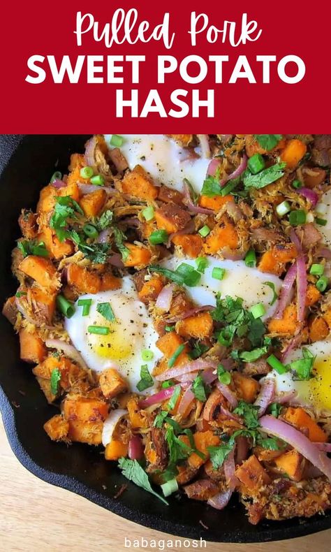 Sweet potato hash with leftover pulled pork. Bbq Pork Sweet Potato, Pulled Pork And Sweet Potato Recipes, Ground Pork And Sweet Potato Recipes, Pork And Sweet Potatoes, Pulled Pork Sweet Potato Bowl, Pork And Sweet Potato Recipes, Sweet Potato Pulled Pork, Diced Sweet Potato Recipes, Pulled Pork Sweet Potato