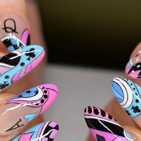 JMoneyNails on Instagram: "Safe to say I am *obsessed* with this set from the other day at @labandlounge for @nail.fool !!!! Inspo was playing cards in pink and blue. Also a little inspired by a fab set by @thenailmystic ♠️♥️♣️♦️ #nails #nailart #nyc #nycnails #handpainted #gelnails #brooklyn #neworleans #playingcards"