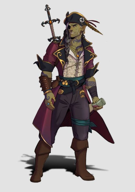 Male Rogue Character Art, Dnd Pirate Art, Half-orc Male, Dnd Orc, Pirate Character, Rogue Character, Half Orc, Pathfinder Character, Pirate Art