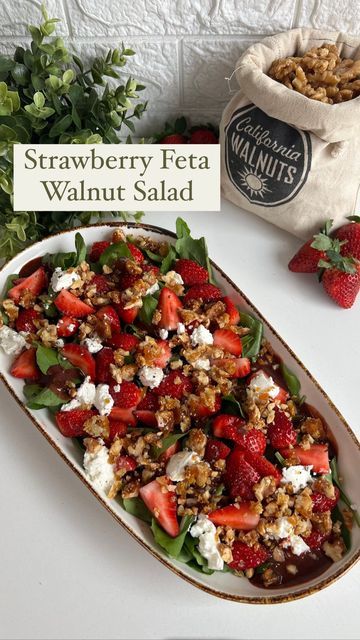 Guntas Sethi on Instagram: "✨ Strawberry Walnut Salad ✨ There’s always hype about Strawberry and Cream but you need to try this Strawberry Walnut Salad to know what heaven tastes like! 😚💖 The tanginess from fresh Strawberries mixed with the creaminess of the salty Feta Cheese balanced with the crunch from @californiawalnutsindia - you just can’t go wrong with it!x Recipe: 1. Wash and slice 2 cups strawberries into fours. Wash and dry 6 cups mix of baby spinach and arugula. 2. In a small sauc Strawberry Walnut Salad, Party Meals, Strawberry Feta, Strawberry Honey, Honey Vinaigrette, Strawberry And Cream, Strawberry Compote, Harvest Salad, Walnut Salad