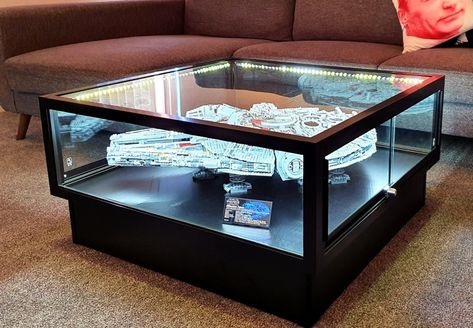 Lego Display Case Coffee Table For Star Wars Millennium Falcon - Showfront Collectors Lego Coffee Table Display, Display Case Coffee Table, Millenium Falcon Table, Millennium Falcon Coffee Table, Millennium Falcon Lego Display, Lego Millenium Falcon Coffee Table, Lego Display Cabinet Ideas, Star Wars Display Case, Millenium Falcon Lego Display