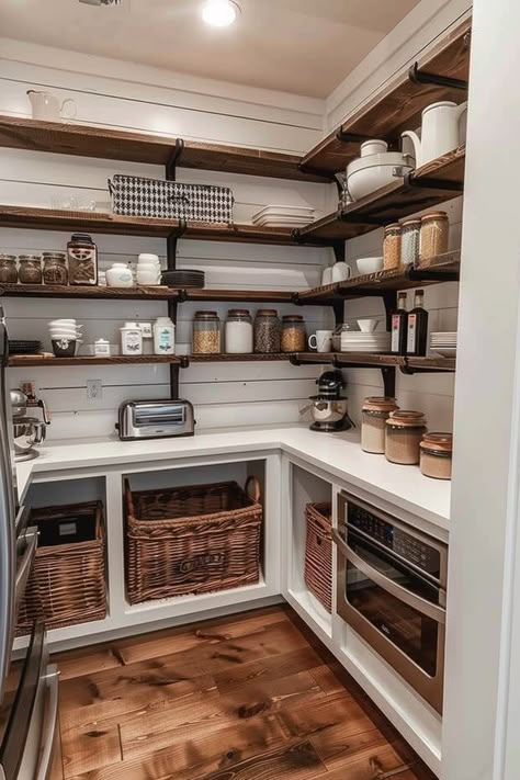 Organize your farmhouse kitchen pantry with practical storage solutions. Explore wire baskets, stackable bins, and lazy Susans for maximizing space and accessibility in your culinary haven... #FarmhouseKitchen #StorageSolutions #PantryOrganization Modern Farmhouse Kitchen Pantry, Pantry Ideas With Fridge, House Pantry Ideas, Kitchen Basket Ideas, Outside Pantry, Farmhouse Pantry Design Walk In, Open Shelving Pantry Ideas, Open Concept Pantry, Barndominium Pantry Ideas