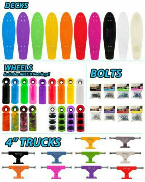 These are the parts to a penny ,deck, wheels, bolts, 4" trucks Penny Boards, Classic Skateboard, Longboard Design, Skateboarding Tricks, Long Boards, Skateboard Deck Art, Penny Skateboard, Skateboard Art Design, Skateboard Parts