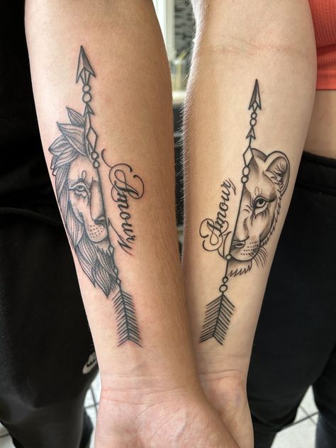 Lion Couple Tattoo, Couples Lion Tattoo, Peter Pans, Lion Couple, Best Couple Tattoos, Penguin Tattoo, Smile Tattoo, Tattoo Lion, Tattoo Couple