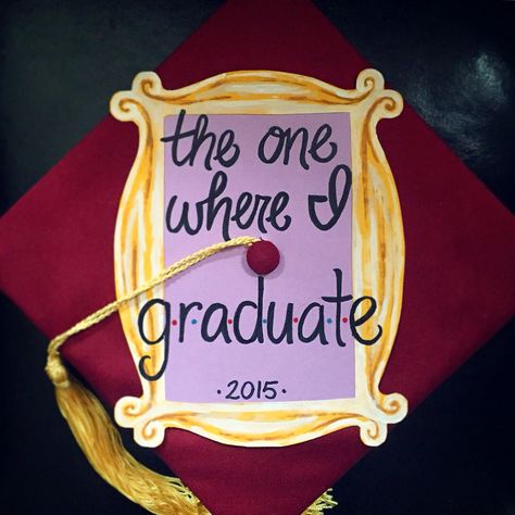 The One Where I Graduate. Friends TV Show decorated Graduation Cap. Graduation Cap Decoration Ideas, Cap Decoration Ideas, Monica Rachel, High School Graduation Cap, College Graduation Cap Decoration, Grad Hat, Grad Cap Designs, Cap Decoration, Graduation Cap Designs