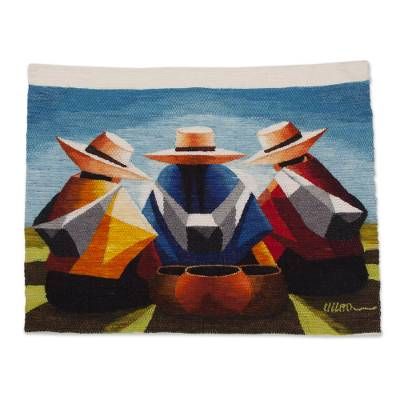 UNICEF Market | 100% Wool Multi-Color Andean Trio Tapestry - Women's Conversation Peruvian Art, Navajo Art, Small Tapestry, Handwoven Tapestry, Colorful Tapestry, Handmade Tapestries, Wool Tapestry, Handmade Scarves, Tapestry Weaving