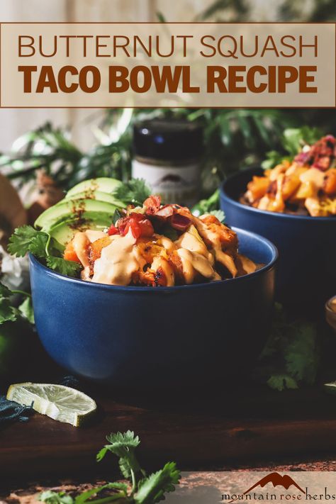 Taco Bowl with Roasted Butternut Squash and Black Beans Chili Lime Tacos, Bowl Dressing, Butternut Squash Tacos, Diet Soups, Herbs In The Kitchen, Taco Bowl Recipe, Taco Bowl, Chia Seed Recipes Pudding, Spicy Tacos