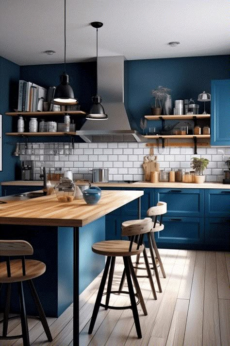 Butcher Block Countertops Blue Cabinets, Blue Cabinets Butcher Block Counter, Blue Cabinets With Butcher Block, Kitchen Island Portable, Farmhouse Facelift, Garage Laundry Area, Kitchen Ideas Narrow, Modern Ski House, Galley Kitchen Ideas Narrow