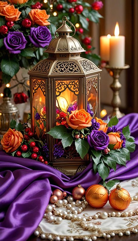 Christmas lantern in elegant purple and orange decoration - AI creation Clip Art Frames Borders, Cross Wallpaper, Christmas Lantern, Pretty Pink Princess, Good Morning Beautiful Pictures, Orange Decor, Purple And Orange, Flower Art Images, Christmas Lanterns