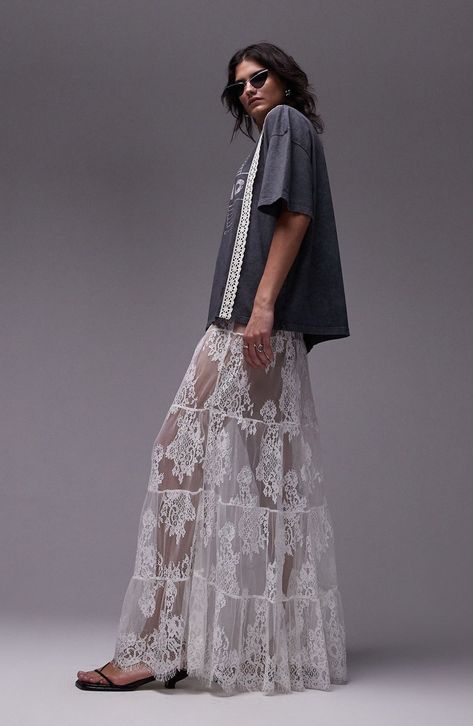 Lace Skirt Street Style, Portola Festival Outfit, Long Skirt Sneakers, Long Lace Skirt Outfit, Lace Maxi Skirt Outfit, Lace Skirt Outfit Ideas, White Lace Skirt Outfit, Sheer Skirt Outfit, Lace Skirt Outfit