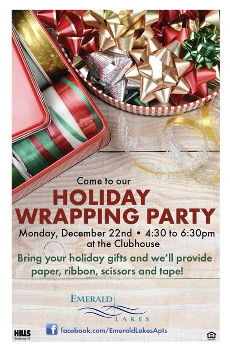 EL invited residents to a holiday wrapping party where they could enjoy other residents' presence and wrap gifts! Apartment Resident Events, Resident Events Ideas Apartments, Country Club Events, Resident Activities, Resident Event Ideas, Resident Appreciation, Property Management Marketing, Christmas Classroom Treats, Resident Retention