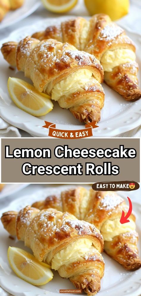 LEMON CHEESECAKE CRESCENT ROLLS!! 🍋💛 So easy to make, insanely delicious! Delicate flaky crescent rolls are stuffed with a dreamy lemon cheesecake filling, topped with a quick sweet-tart lemon glaze! Cheesecake Crescent Rolls, Crescent Roll Recipes Dessert, Easy Lemon Cheesecake, Recipes Using Crescent Rolls, Crescent Roll Dessert, Crescent Roll Breakfast Recipes, Crescent Roll Cheesecake, Cream Cheese Crescent Rolls, Lemon Pie Filling