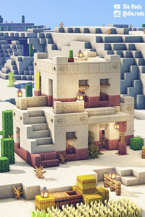 Minecraft Starter House in the Desert Biome, perfect for survival minecraft. Desert Starter House Minecraft, Minecraft Survival Starter Base, Sandstone Minecraft House, Desert Home Minecraft, Minecraft Desert House Interior, Minecraft Mesa House Ideas, Desert Town Minecraft, Desert Houses Minecraft, Desert Path Minecraft