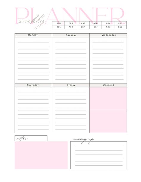 Weekly Planner - simple and pink Pink Weekly Planner Template, Goodnotes Weekly Planner, Weekly Planner Pink, Pink Weekly Planner, Ipad Templates, Pink Template, Planner Content, Simple Weekly Planner, Planner Pink